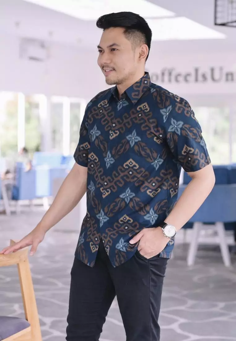 kemeja batik pria lengan pendek batik  blue s343