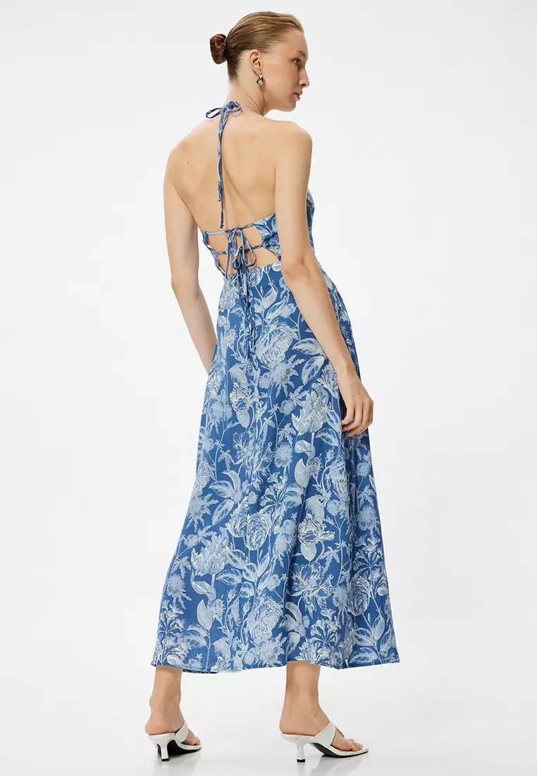 Floral Halter Neck Dress Midi Length Linen Blend With Pockets