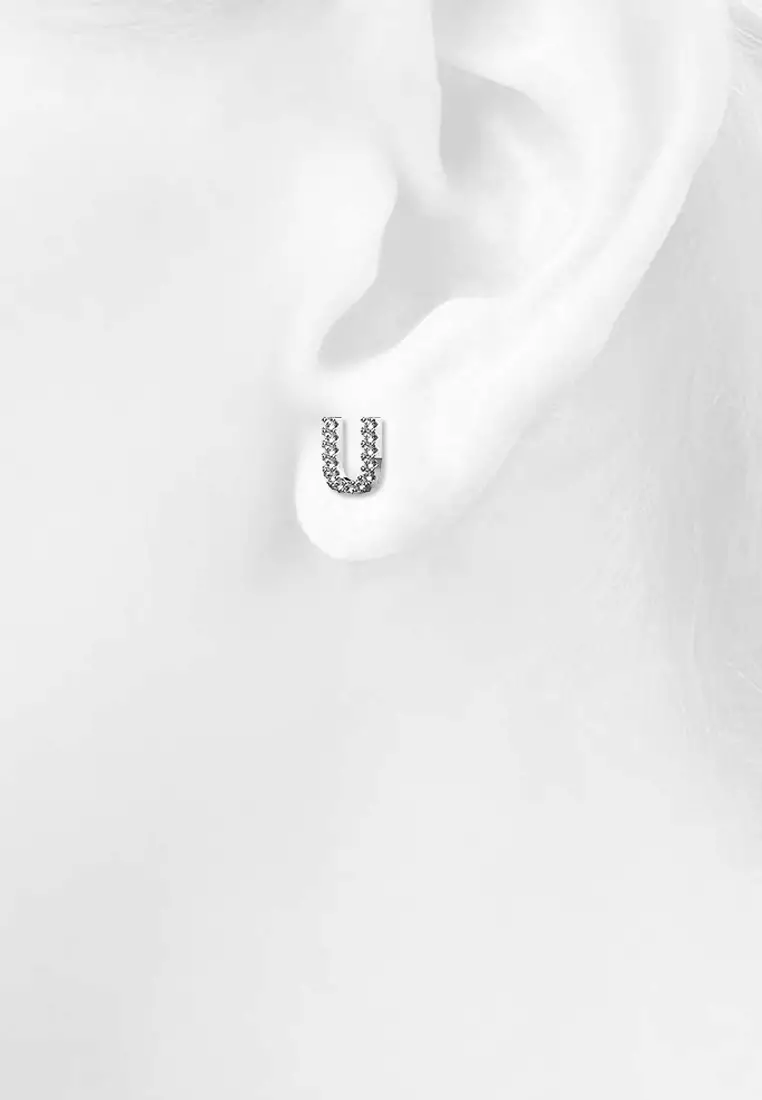 Solid 925 Sterling Silver Glamour Alphabet Letter Earrings  - U