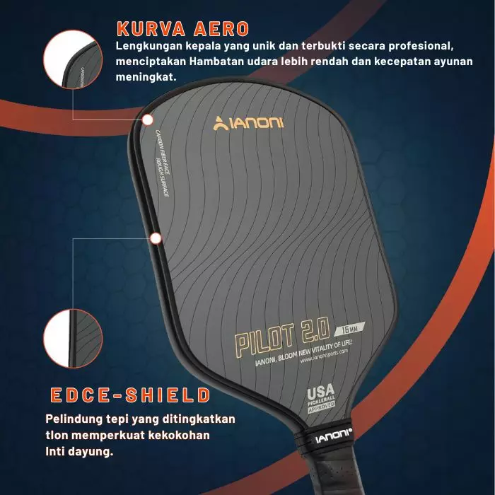 Raket Pickleball Ianoni PILOT 2.0 T700 Carbon Thermoformed Max Spin Hitam