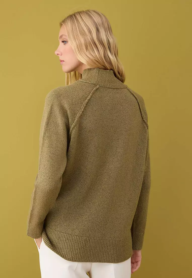 Khaki Soft Textured Wide Pattern Knitwear Sweater Twoaw26Kz00191