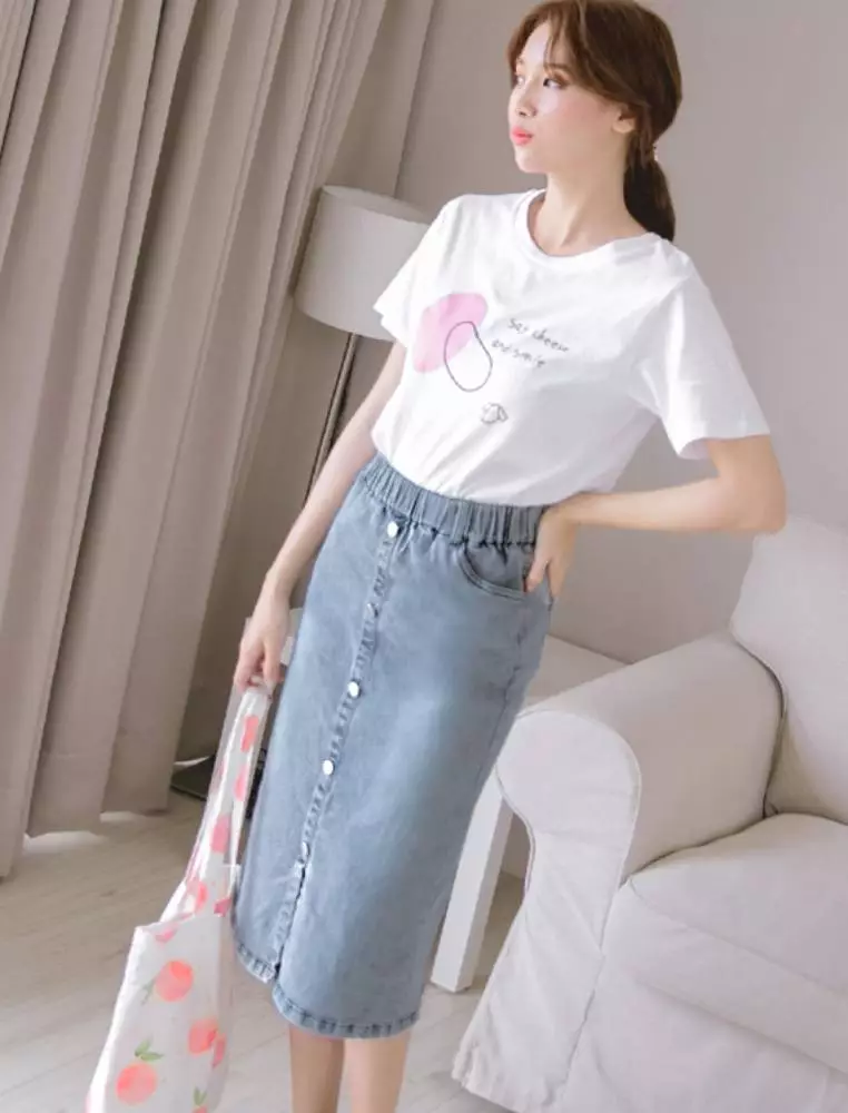 Buy OBSTYLE Buttoned Elastic Waist A-line Midi Denim Skirt [CA1610