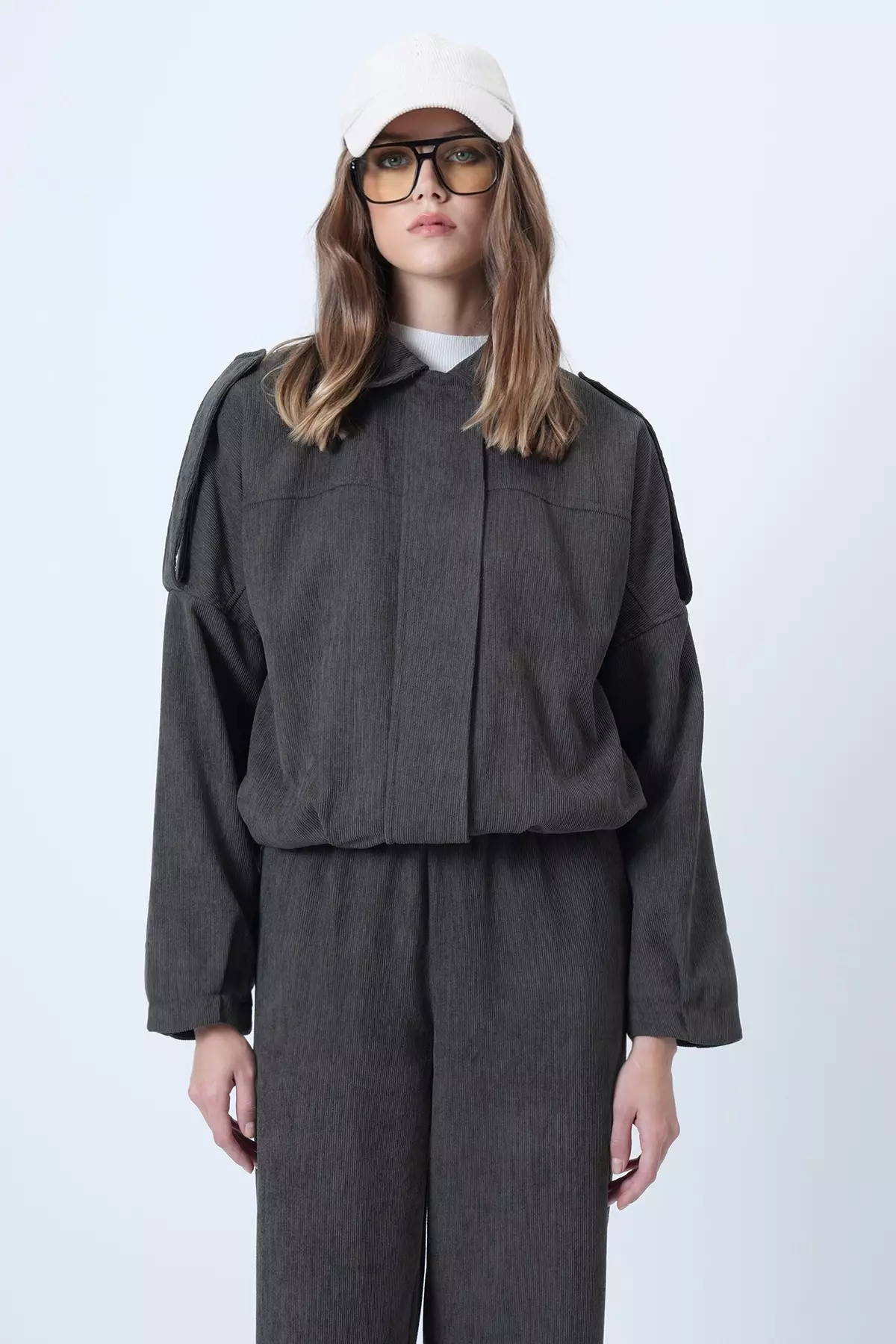 Khaki Shoulder Epaulettes Lined Velvet Bomber Jacket Alc-X14617