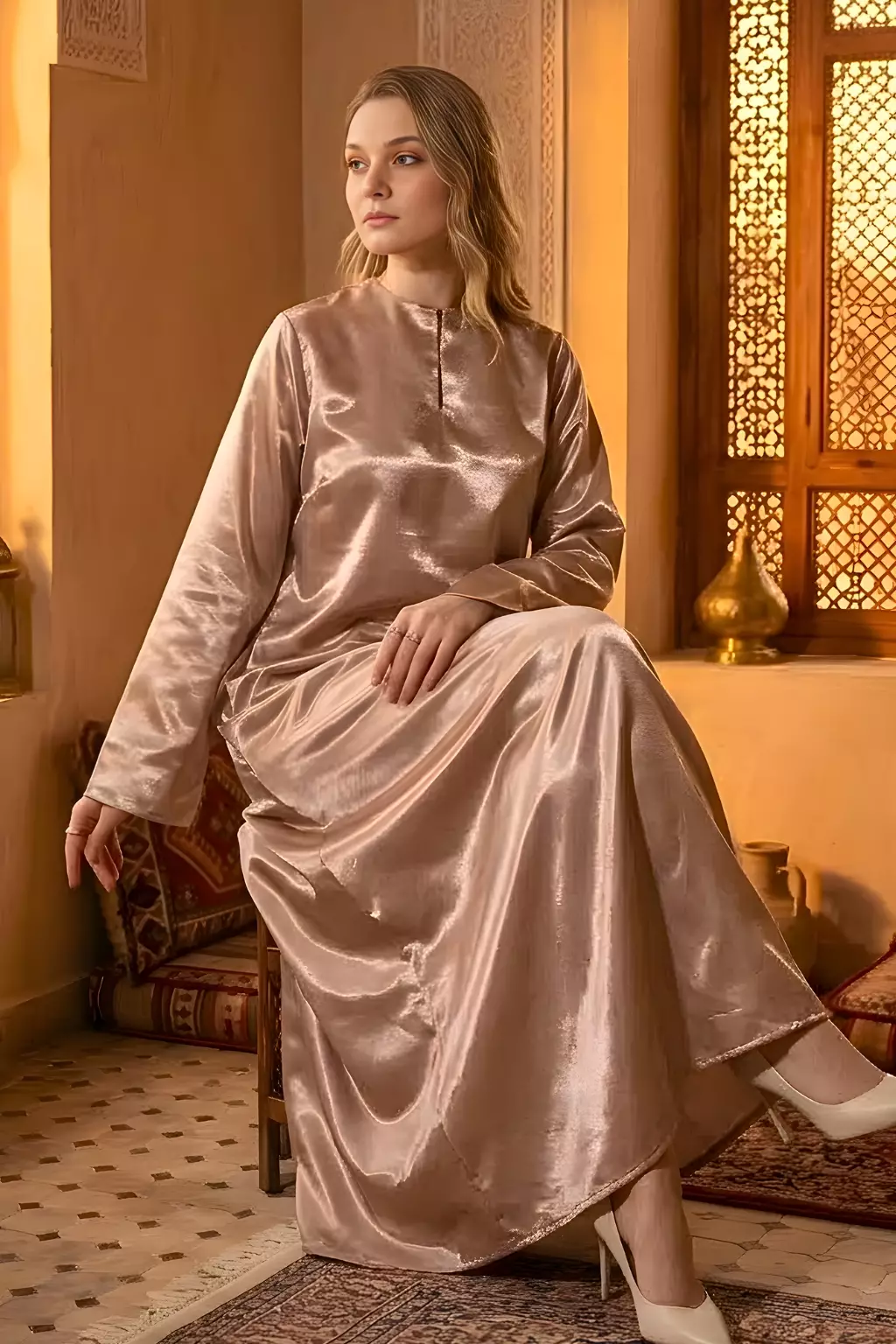 Demure Studio - DRESS IN SHIMMER TAUPE BROWN - MODEST DRESS- KAIN MIKADO