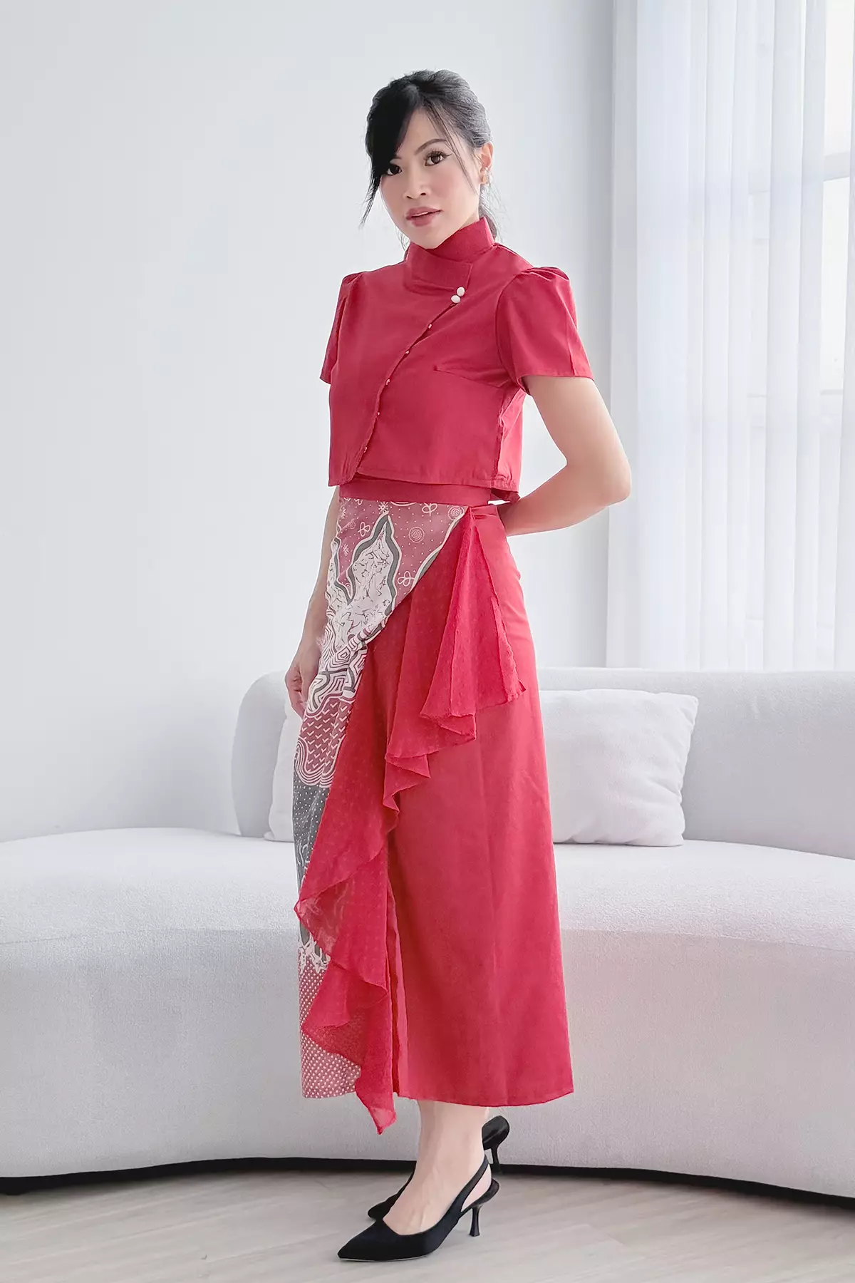 Andhika Frills Batik Arunika Rouge Wrap Skirt Red Tulle Sarong Rok Lilit Batik