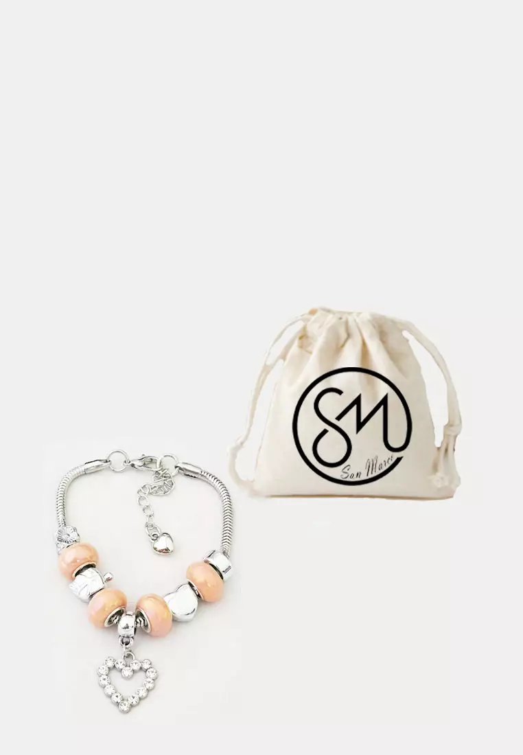Accessories Wanita Heart embellished Pomora Charm Bracelet Gelang Wanita Silver & Peach