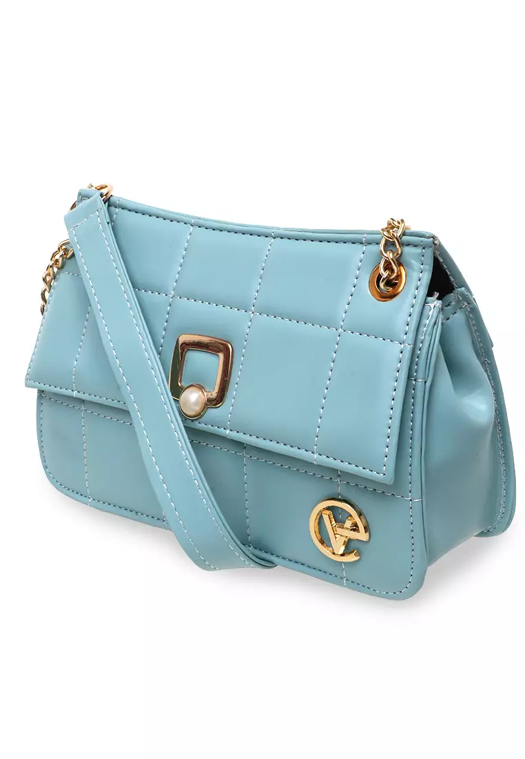 Trisha Slingbags Wanita Motif Kotak-Kotak Design Pastel - Ice Blue