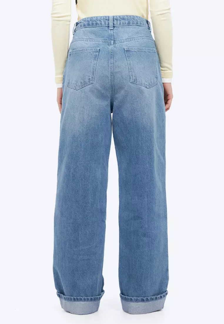 Turn Up Hem Straight Denim Pants