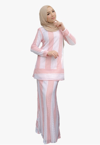 Mini Kurung Moden Lace from Zoe Arissa in white and Pink