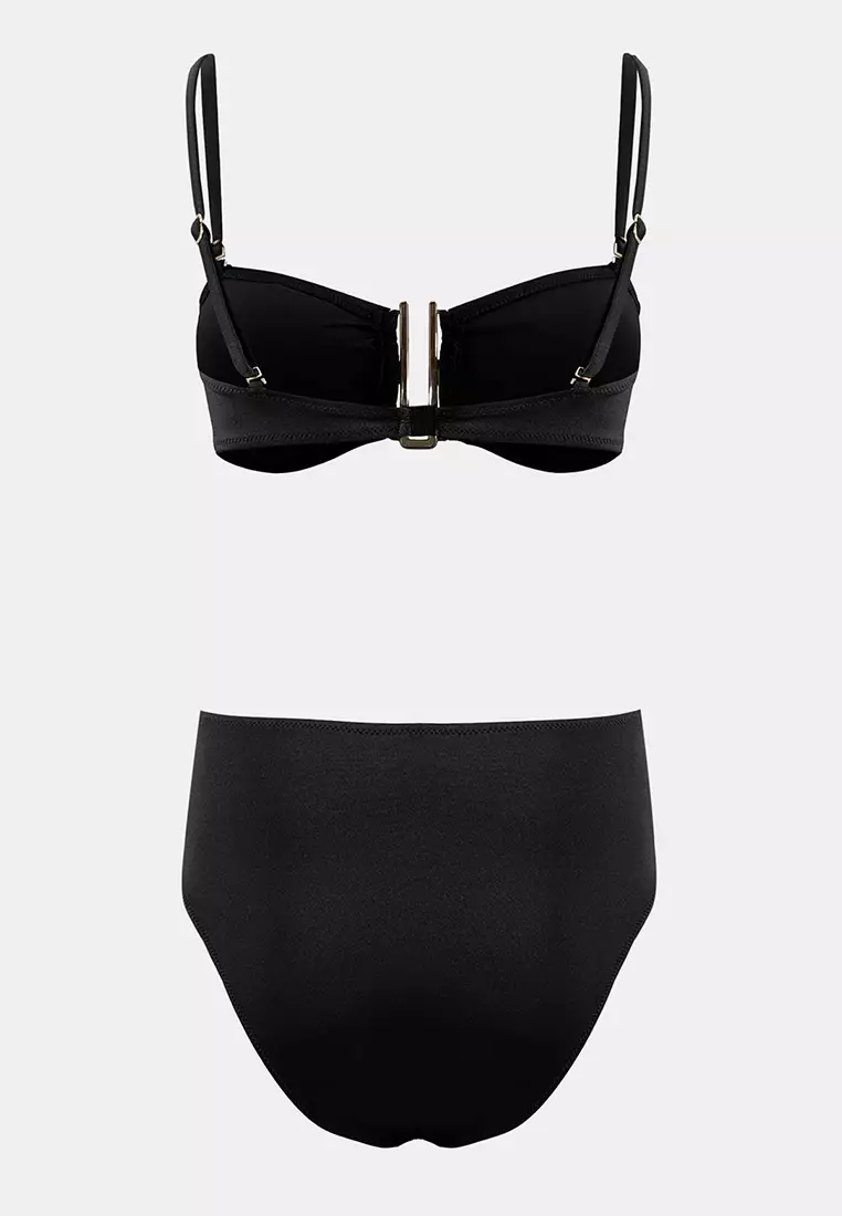 Black Strapless Covered Accessory Detailed High Waist Regular Bikini Set Tbess26Bt26