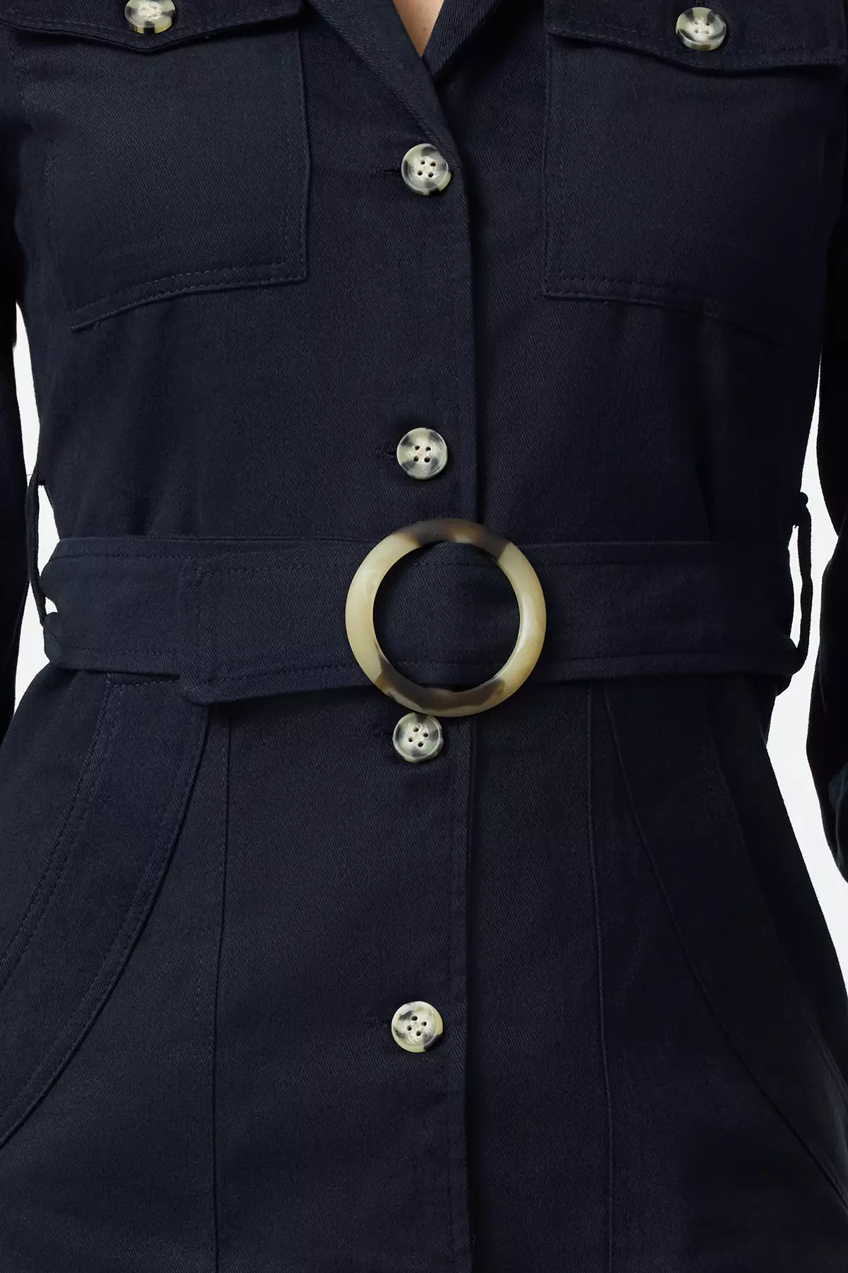 Navy Blue Straight Belted Jacket Mini Button Detailed Woven Dress TWOAW20EL1156