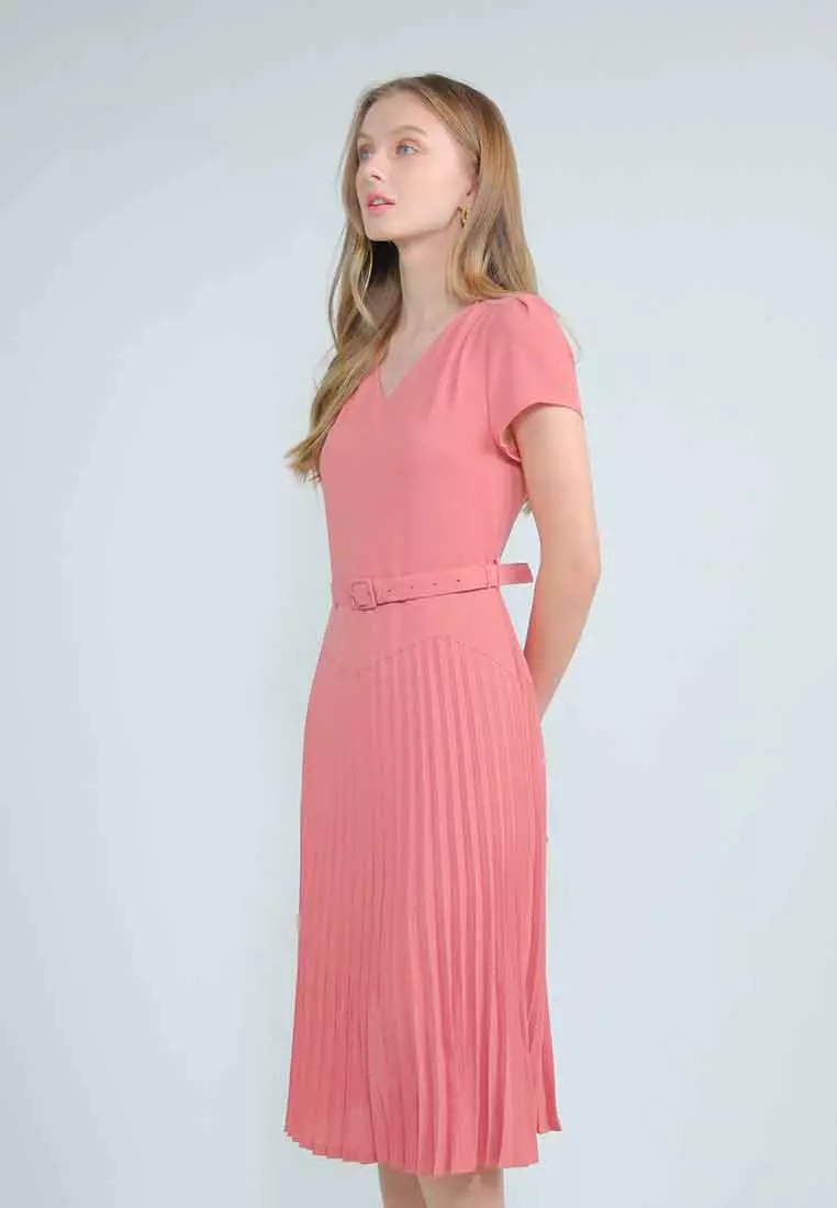 Amethyst V-neck Dress with Pleated Skirt and Adjustable Belt