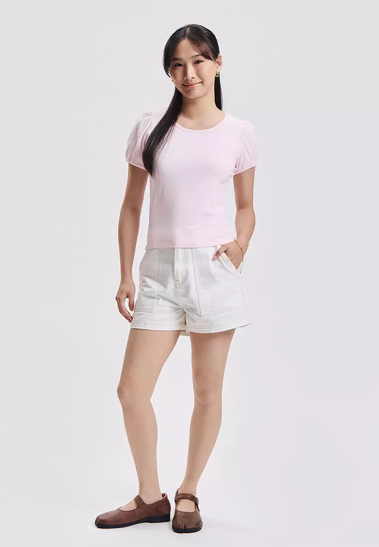 Cropped Pointelle Puff Sleeve Top