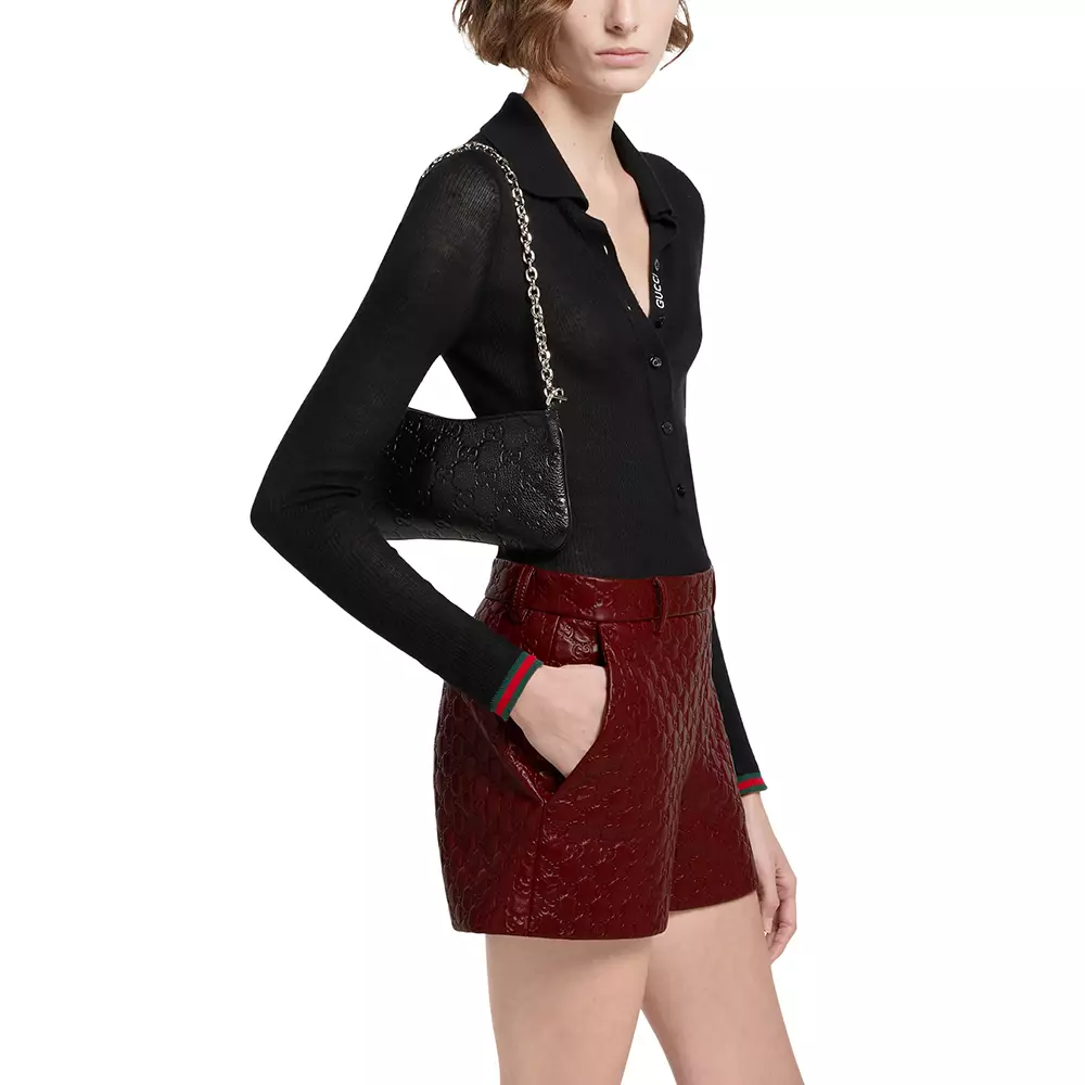 GG Emblem Small Shoulder Bag Monogram Embossed Black