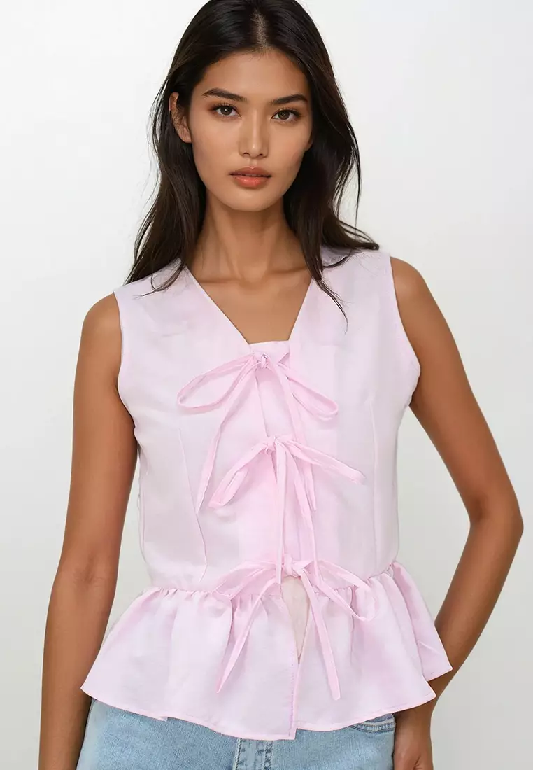 Cotton V-Neck Bow Top