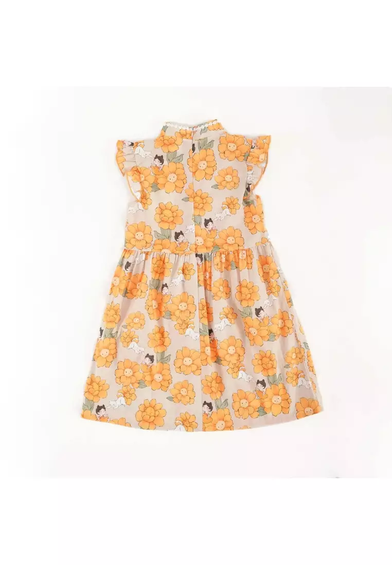 向日葵小女孩與貓嬰兒兒童女童旗袍連衣裙0846