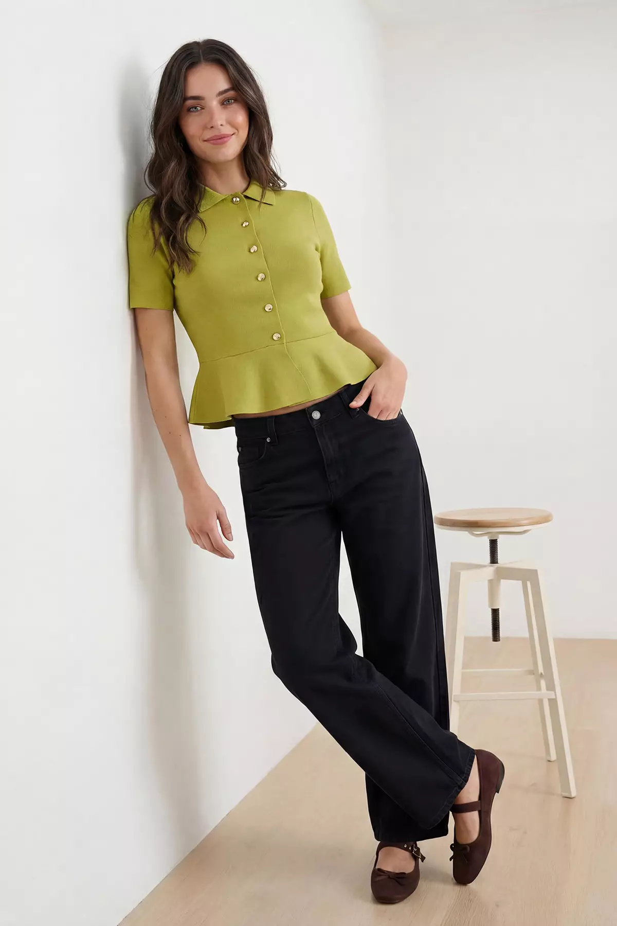 Oil Green Peplum/Waist Fitted Button Detailed Knitwear Blouse Twoss26Bz158