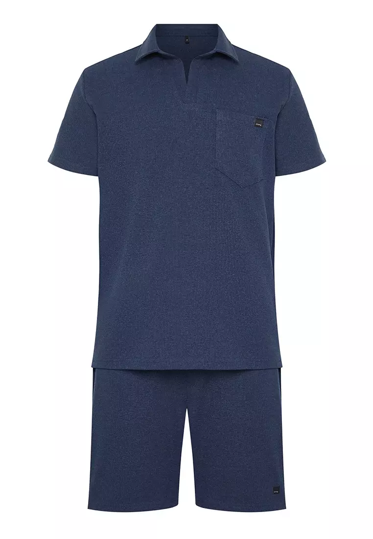 Indigo Regular Cut Textured Fabric Labeled Polo Collar Tracksuit Set TMNSS23EM00003