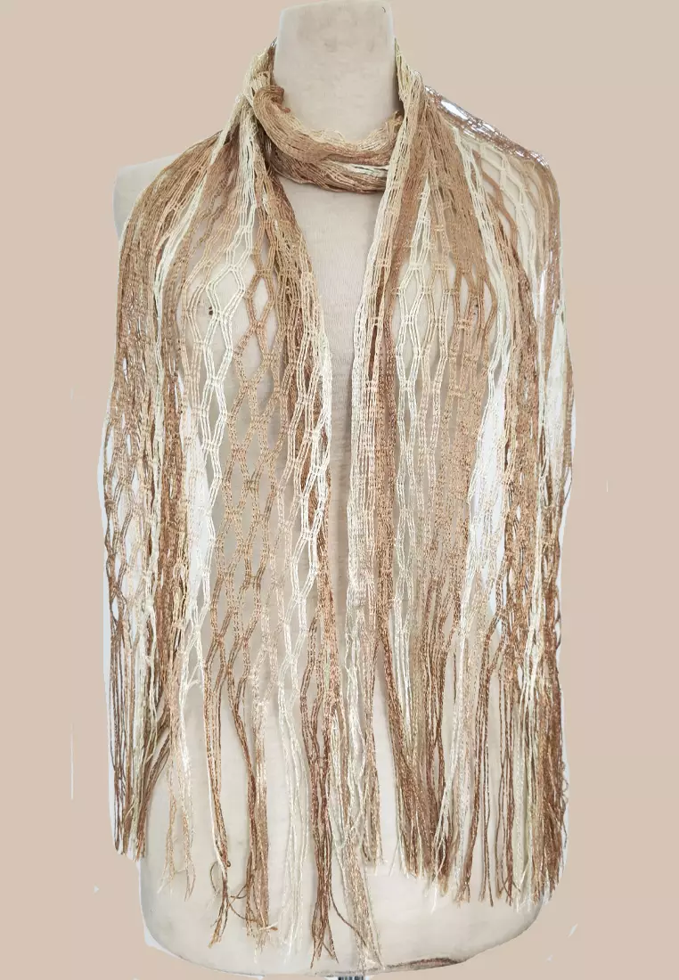 Aksesoris Wanita Plain Metallic Evening Shawl With Fringes Syal Metalik Pesta Wanita Brown & Beige