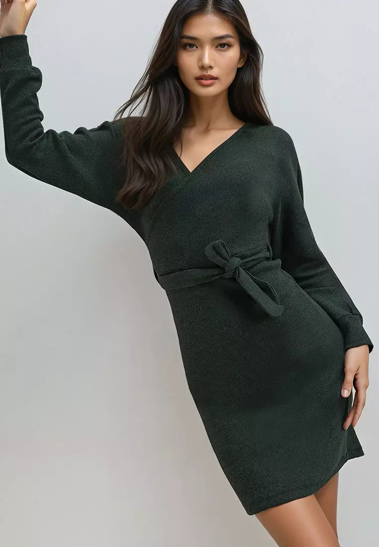 Women's Olive Green Double-Breasted Batwing Sleeve Waist Belted Camisole Dress Alc-X7623