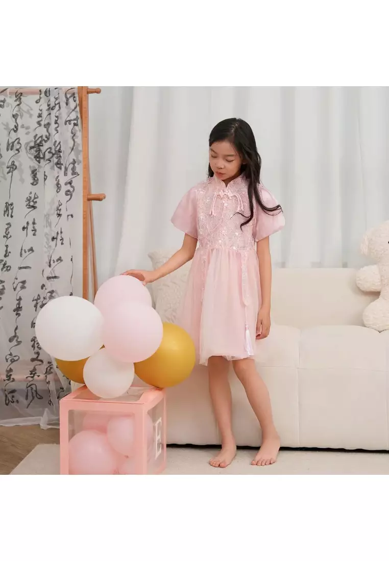 粉紅色獨角獸蕾絲薄紗嬰兒女童旗袍連衣裙0851