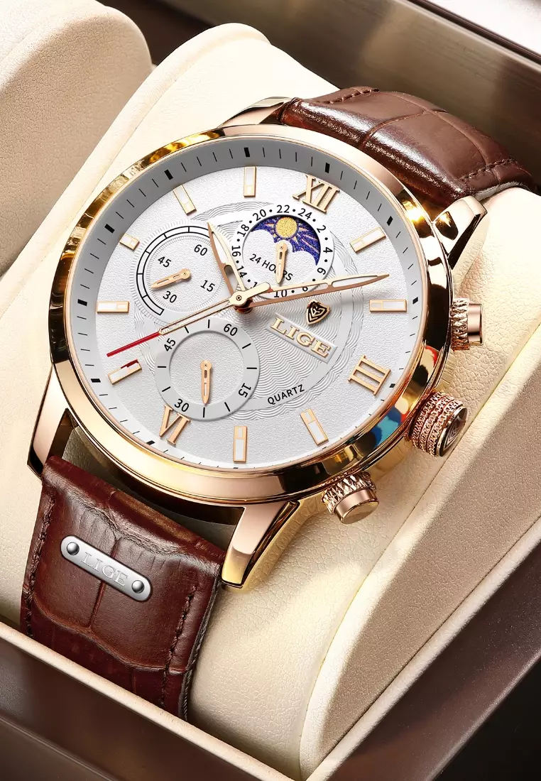 Chronograph, Unisex, IP Rose Gold Stainless Steel Quartz Watch 43mm, white dial, on Brown Leather Strap
