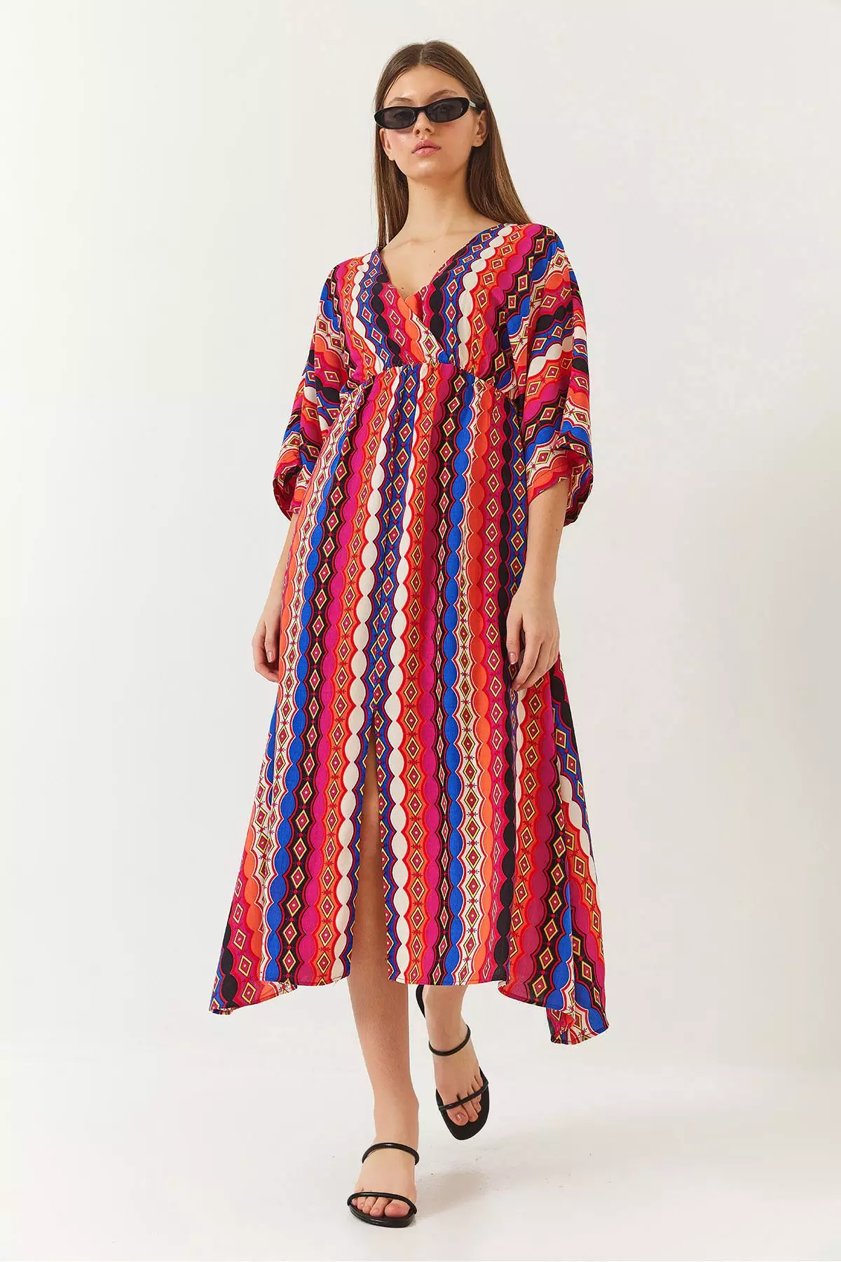 Women's Double Breasted V Neck Front Slit Detail Print Dress 60261411