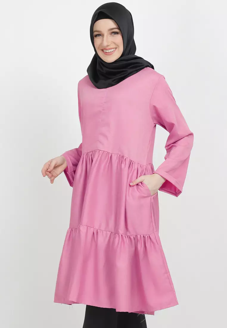 JV Hasanah Azalea Ruffle Tunic Pink | Atasan Tunik Ruffle Katun Toyobo