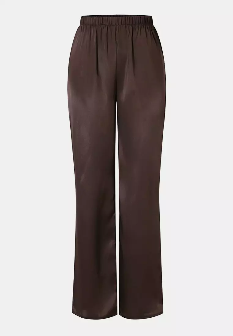 Brown Lace Detailed Satin Woven Pajama Set Thmss26Pt21