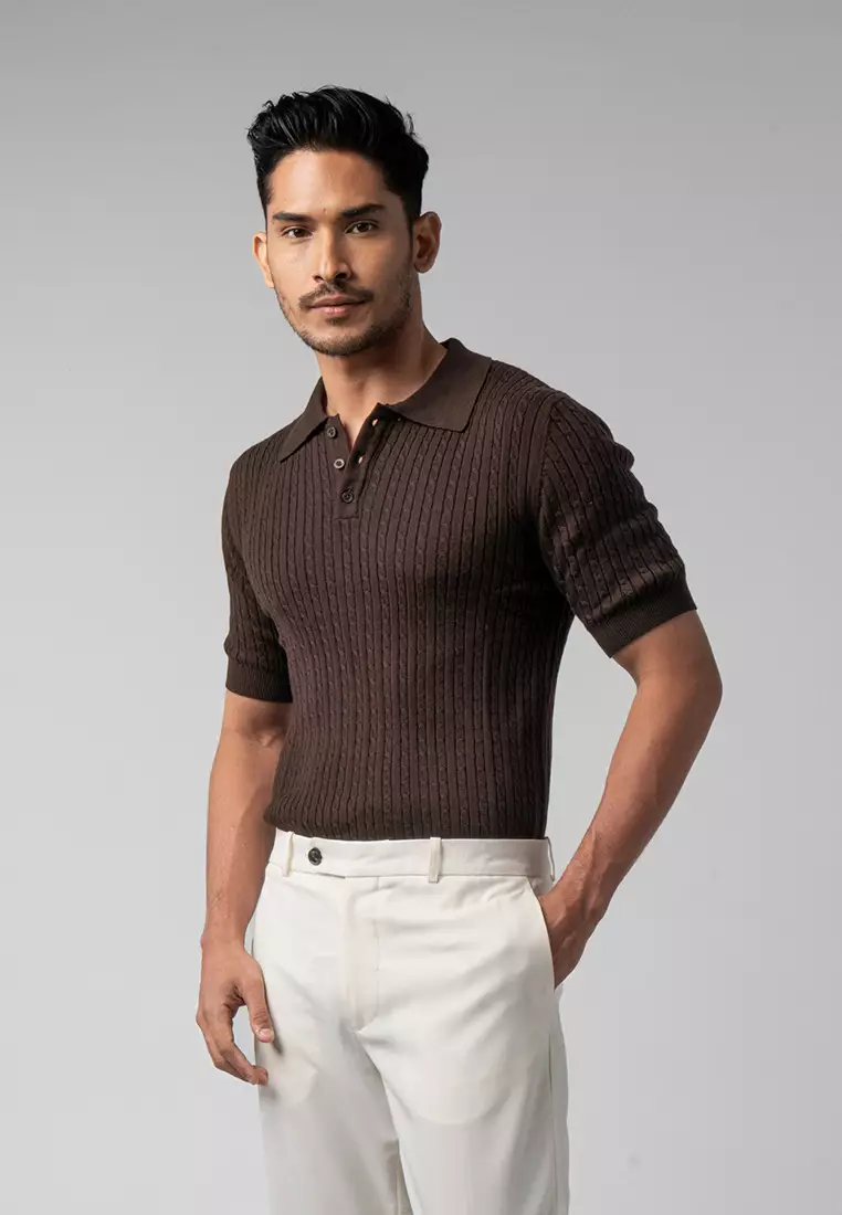 Mens Cable Knit Cotton Polo Dark Brown