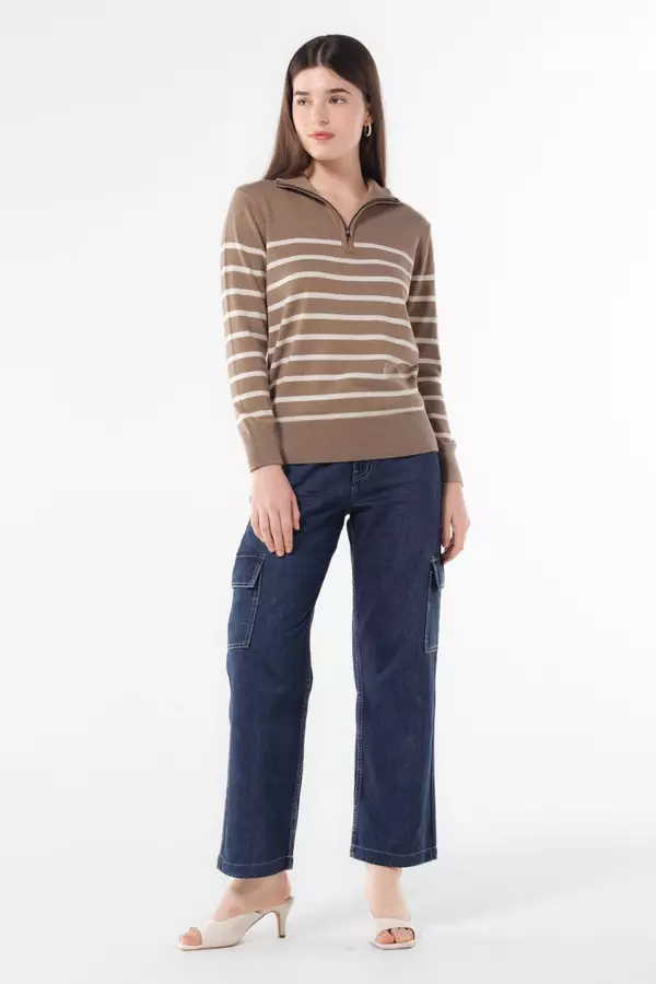 MINIMAL - Reeny - Sweater Rajut Zipper Motif Garis - Light Brown