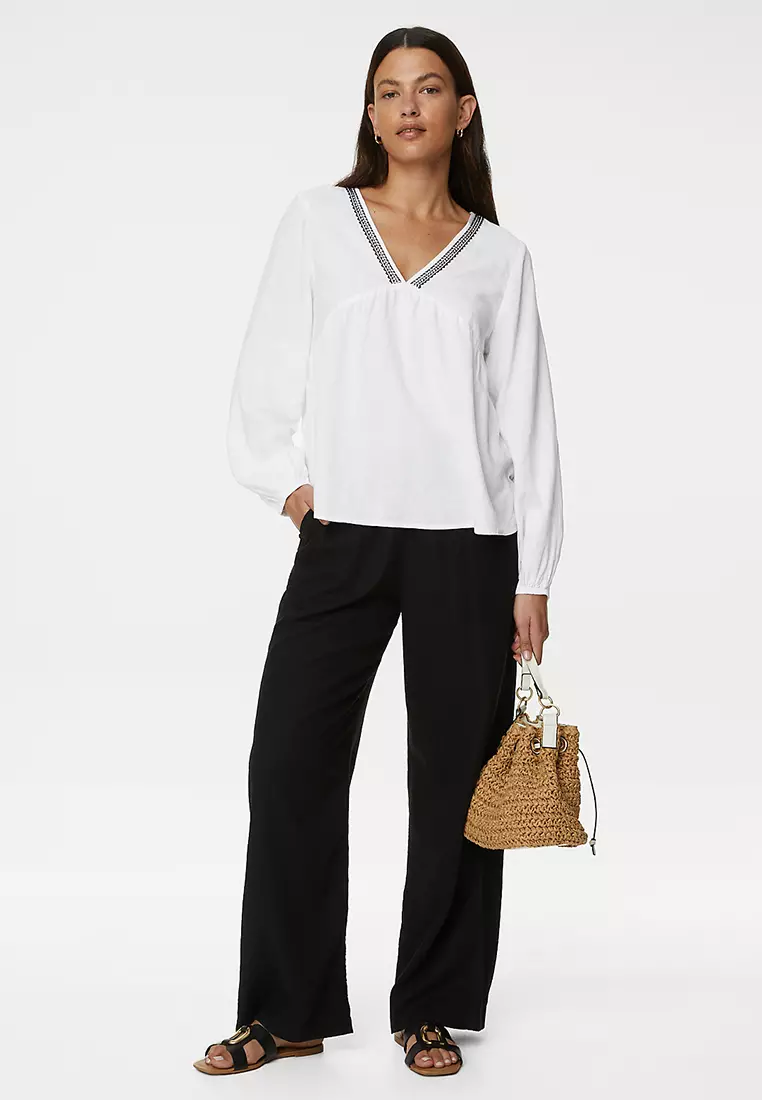 Linen Blend V-Neck Blouse