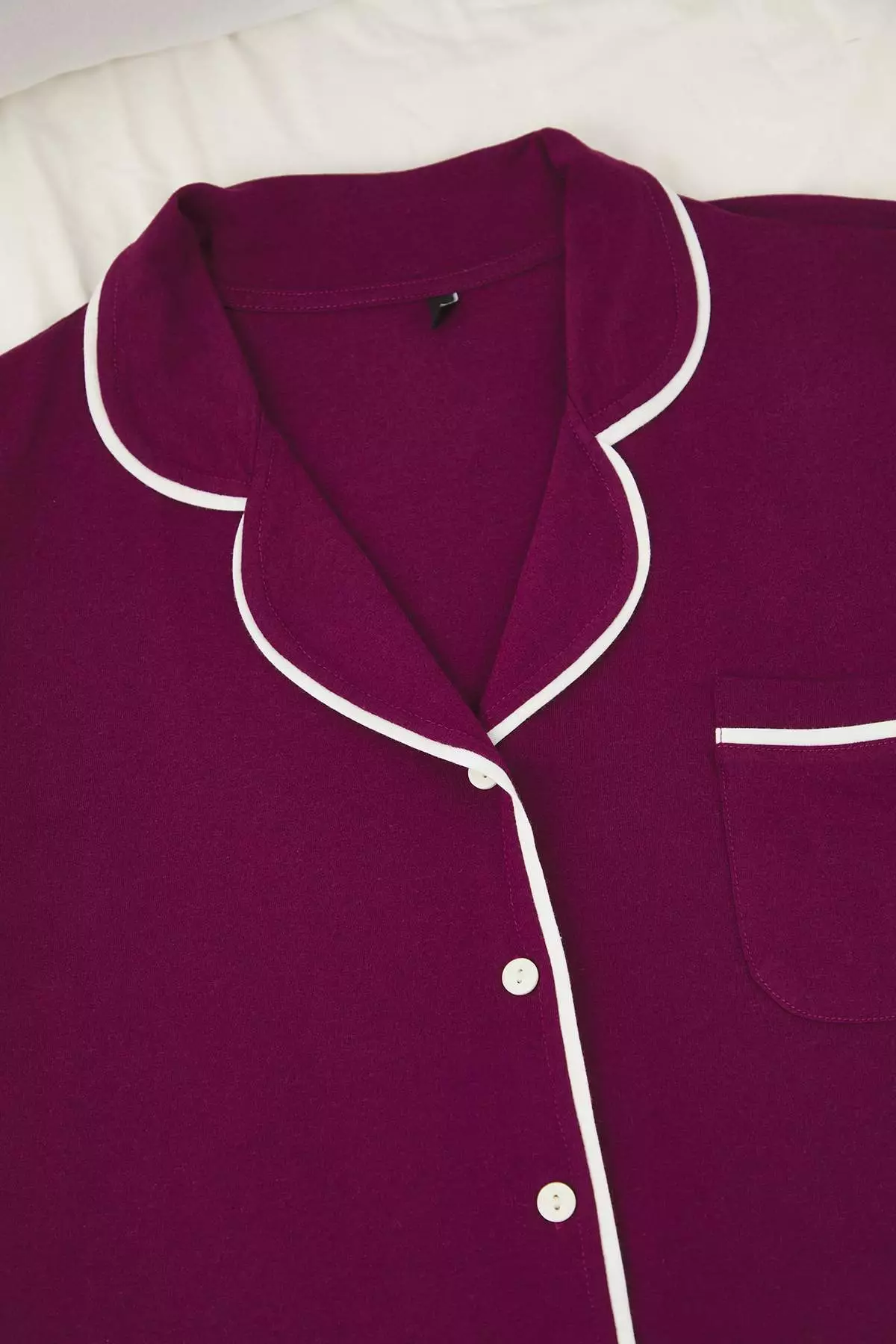 Plum Piping Detailed Shirt Collar Knitted Pajama Set