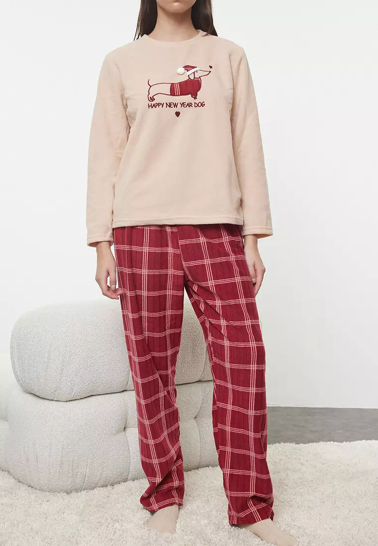 Salmon Plaid Christmas Themed Polar Fleece Winter Knitted Pajama Set Thmaw25Pt00137