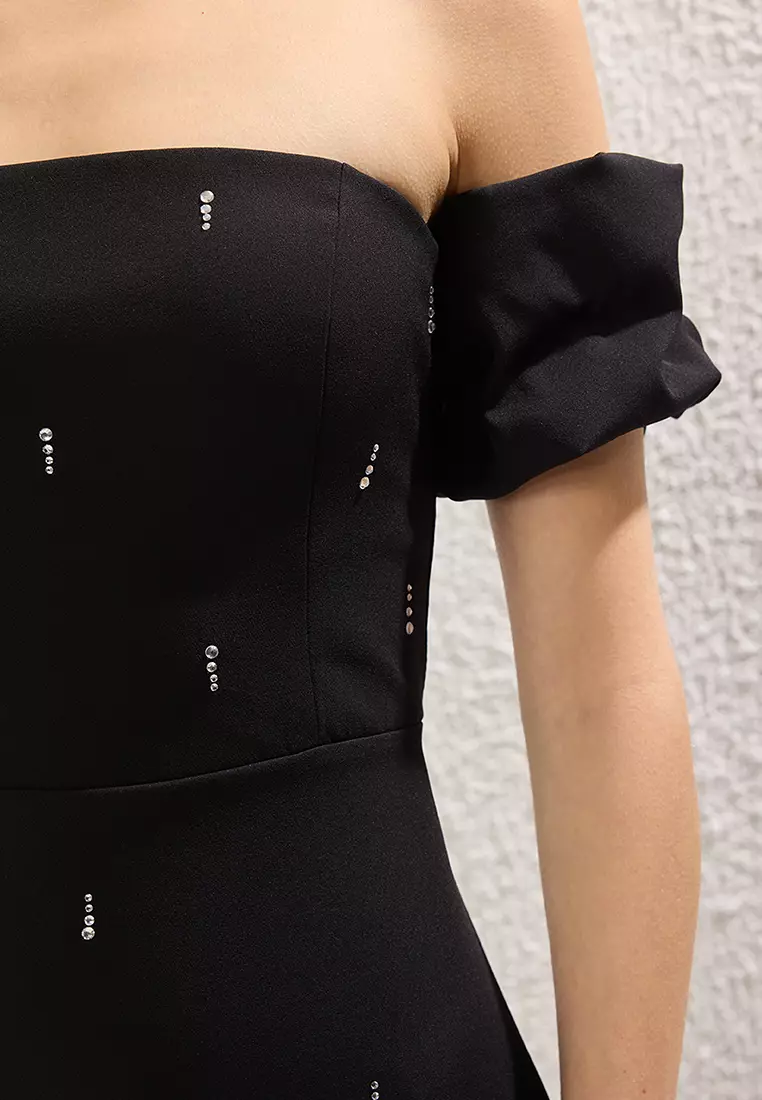 Black Carmen Collar Stone Print Detailed Woven Midi Elegant Evening Night Graduation Dress TPRSS25EL00243