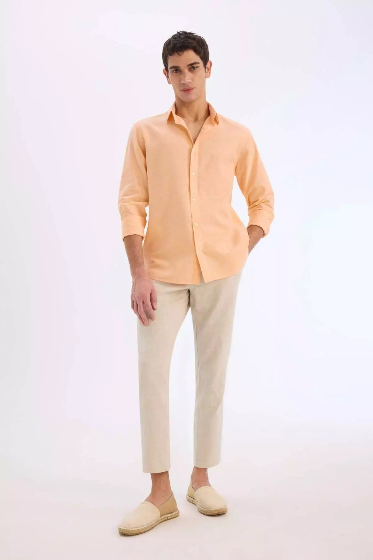 Regular Fit Polo Collar Linen Blended Summer Long Sleeve Shirt E0555Ax25Sm