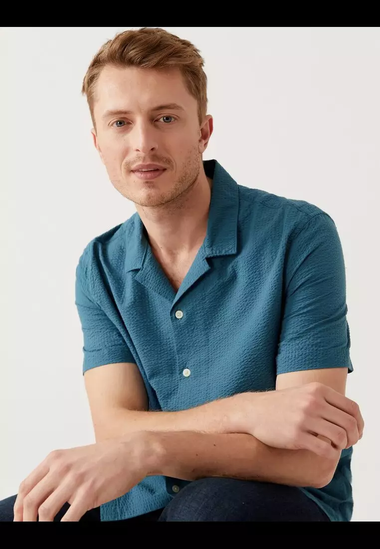 M&S Collection Pure Cotton Seersucker Cuban Collar Shirt