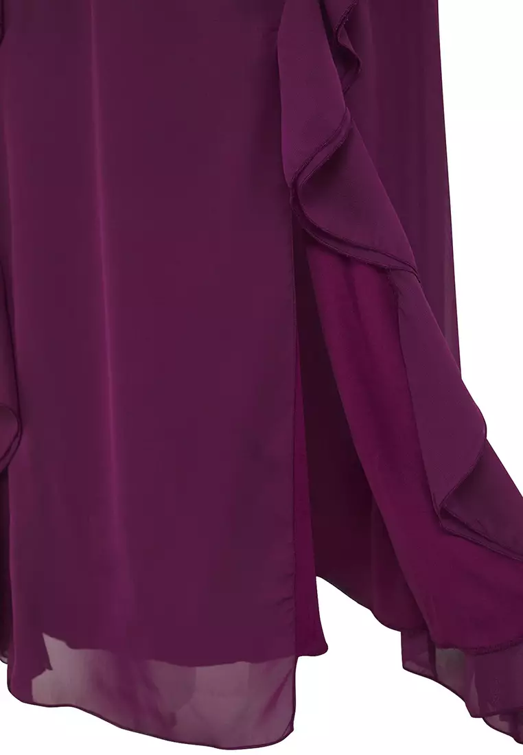 Purple Chiffon Maxi Ruffle Halter Neck Woven Plus Size Dress Tbbss25Ah00170