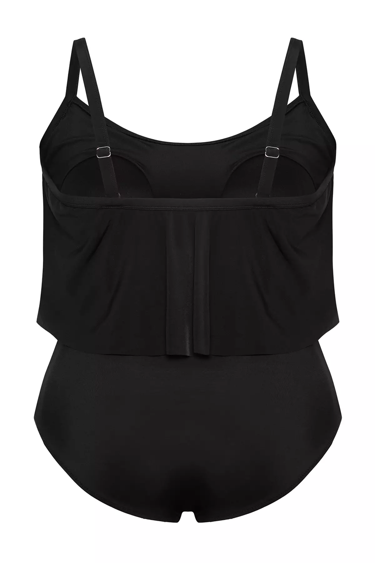 Black Ruffle Detail Round Neck Strap Plus Size Swimsuit