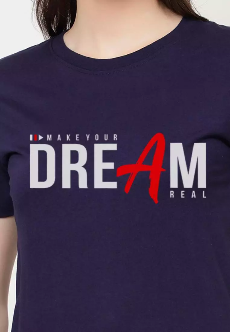 Dream Print Relaxed Short Sleeve Stylish Navy Blue Cotton Casual Graphic Print Tee/TShirt