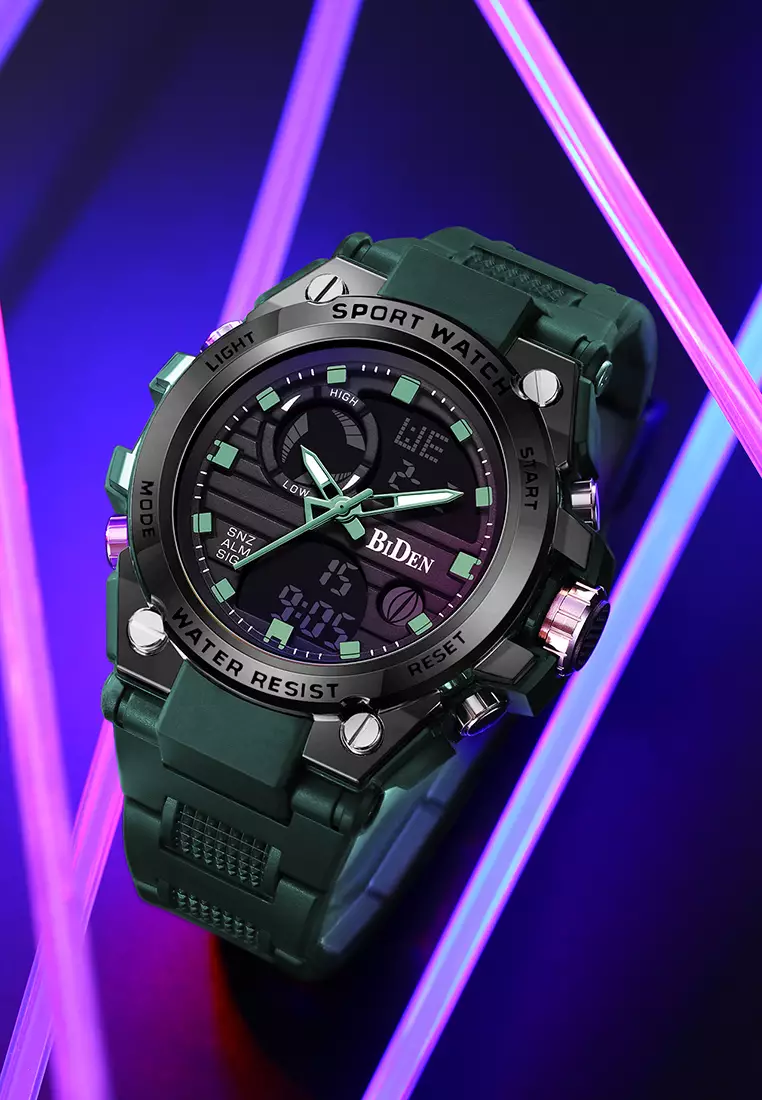 Jam Tangan Pria Digital&Analog Olahraga Militer Pria Tali Silikon Tahan Air Luminous Jam Tangan Cowok Original hijau