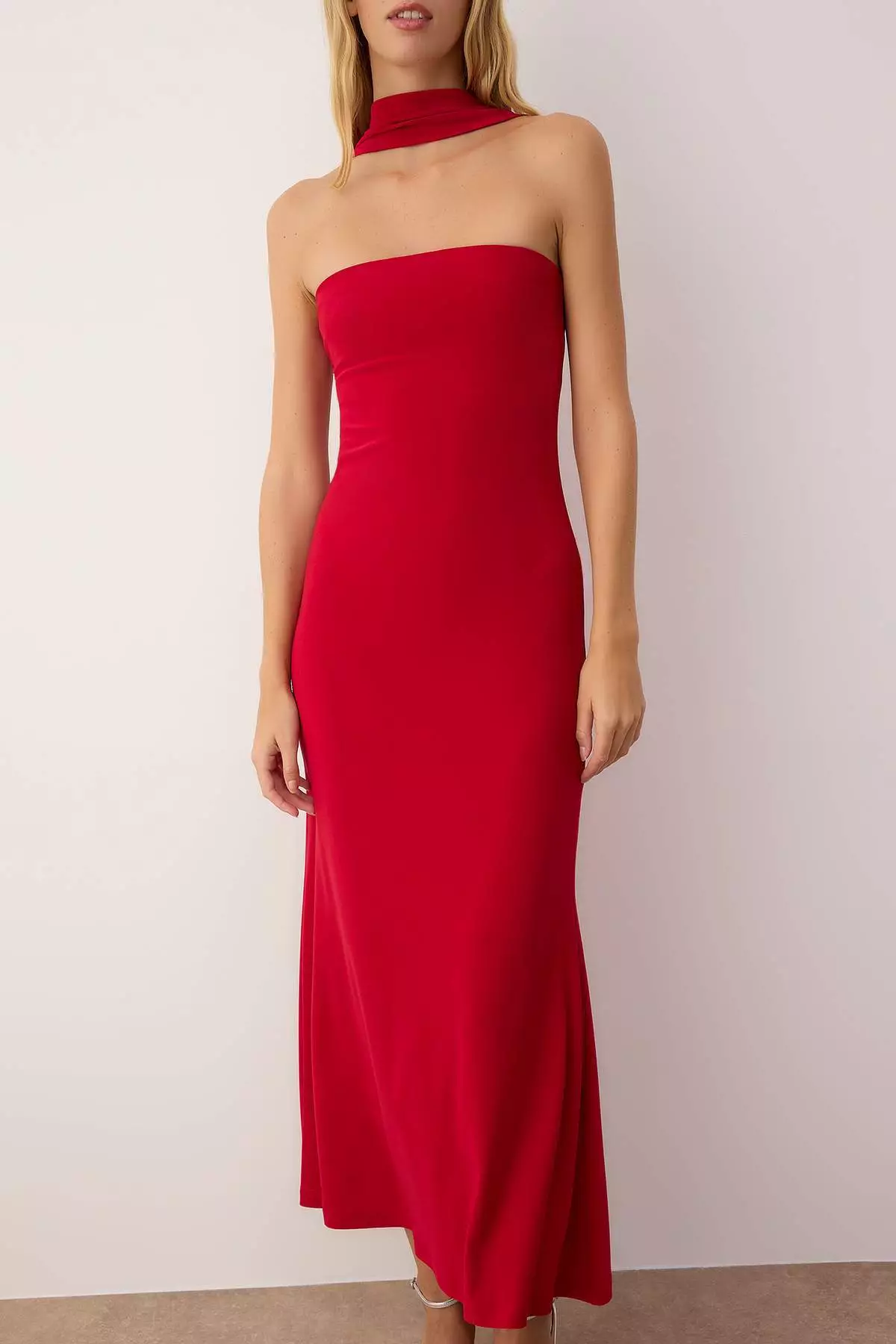 Red Plain Knit Sandy Maxi Unlined Cocktail Dress