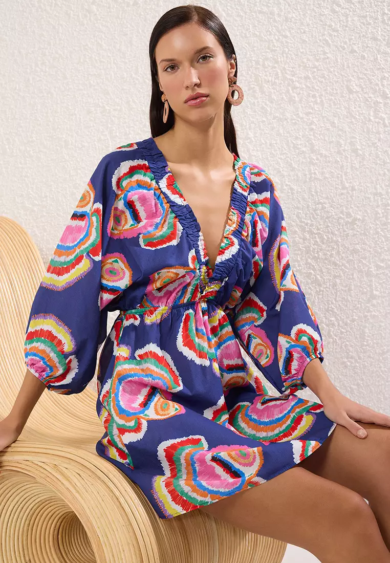 Underwater Pattern Mini Woven Balloon Sleeve 100% Cotton Beach Dress Tbess25El00082