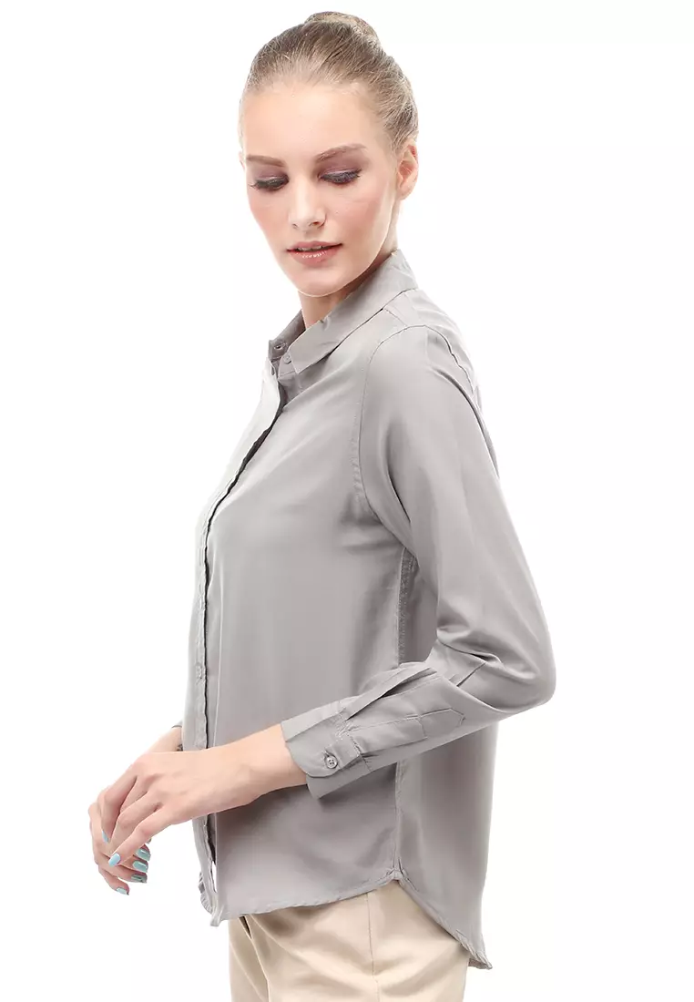 Kemeja Long Sleeves Atasan Wanita Motif Solid Shirt - Grey