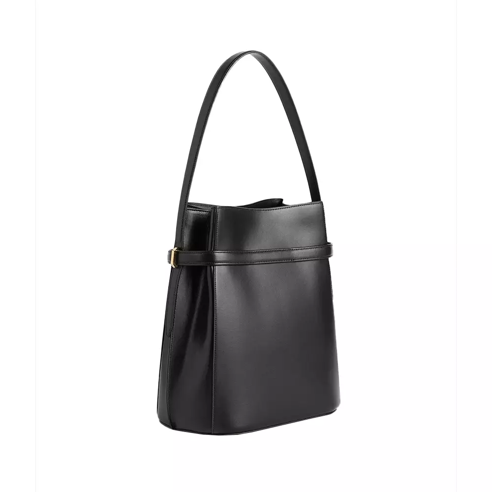 Belted Leather Bucket Bag Black