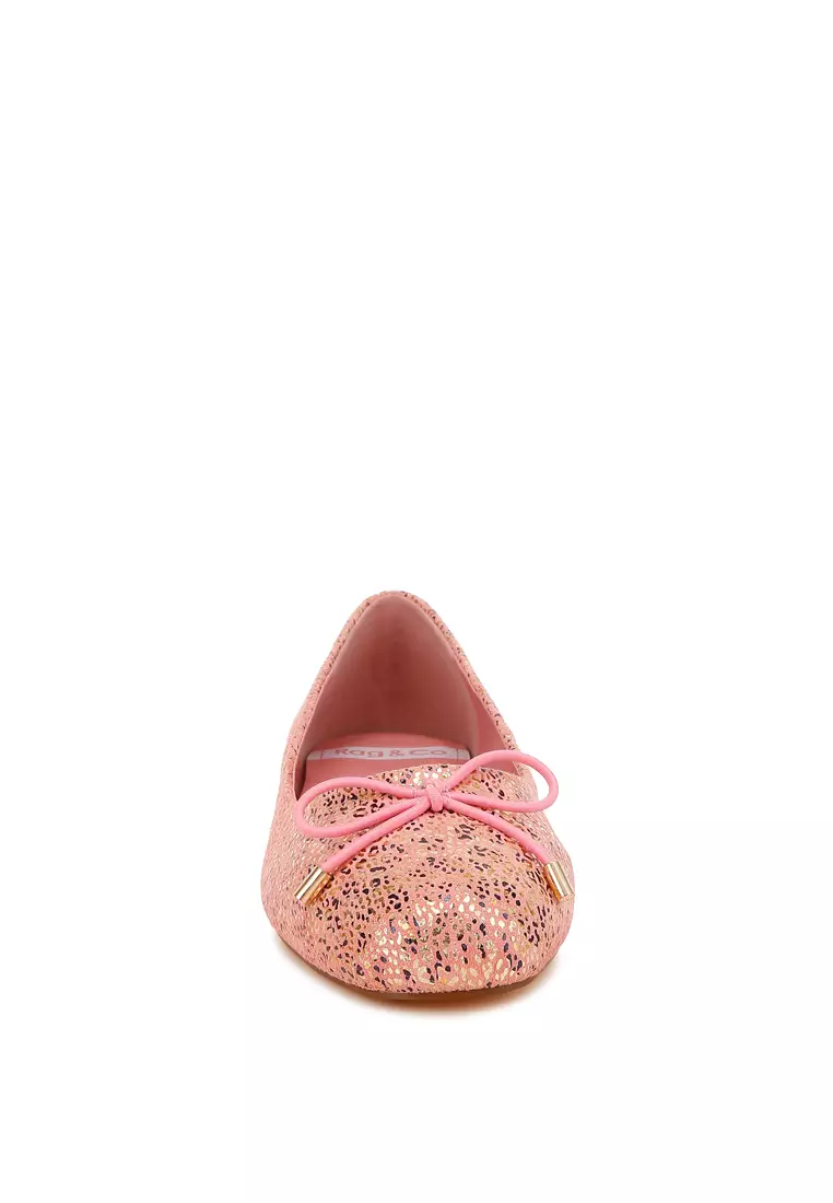 Bow Detail Embossed Suede Ballerinas Pink