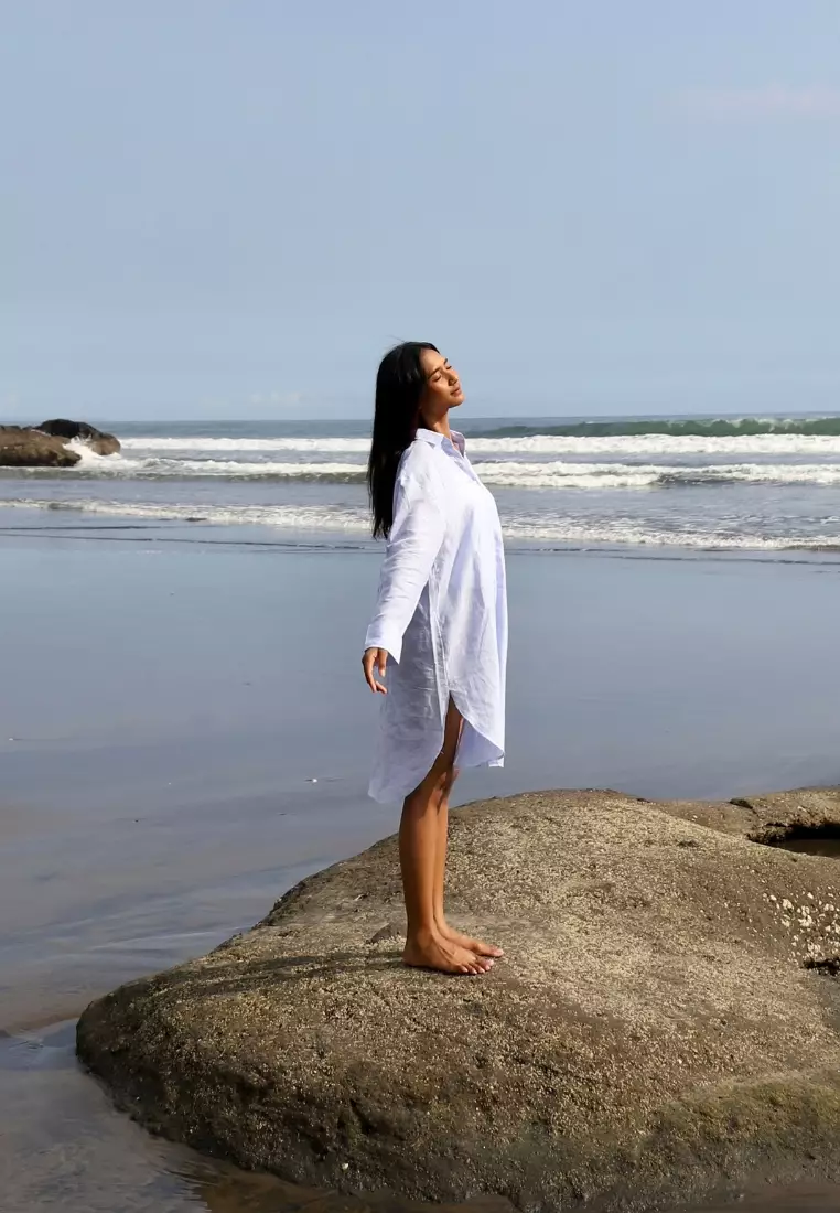 Side Kemeja Linen Oversize Lengan Panjang Wanita Biru | Oversize Linen  Long Sleeve Shirt Women Blue