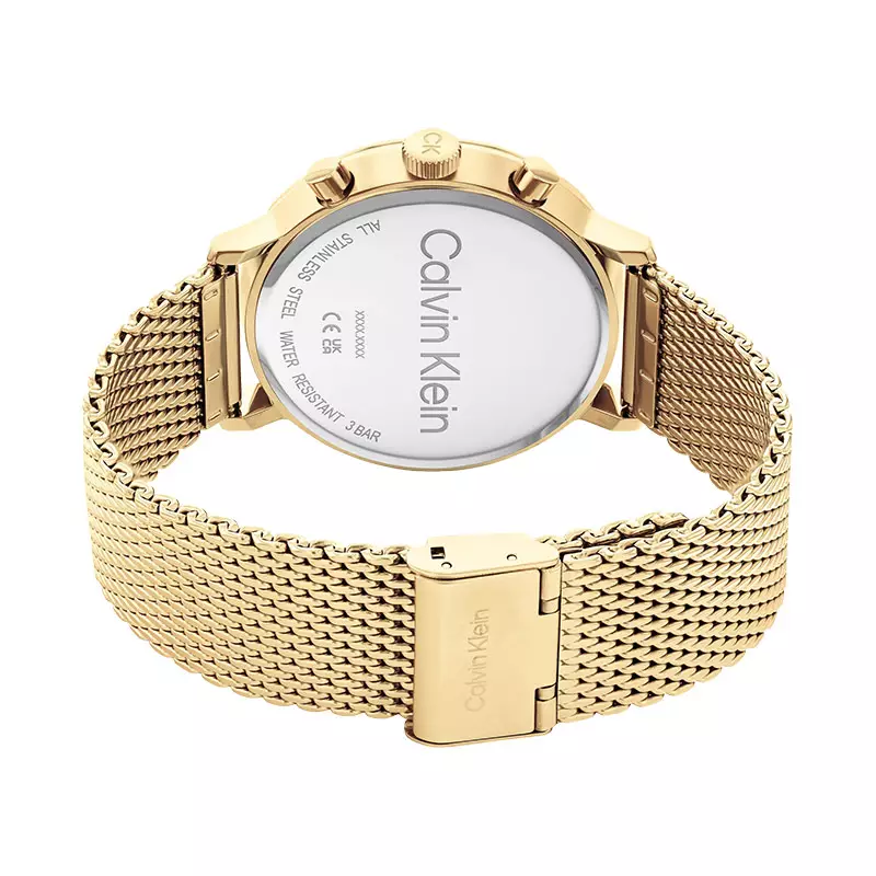 Jam Tangan Pria Calvin Klein Modern Multifunction 25200109 Men Gold Dial Gold Mesh Strap