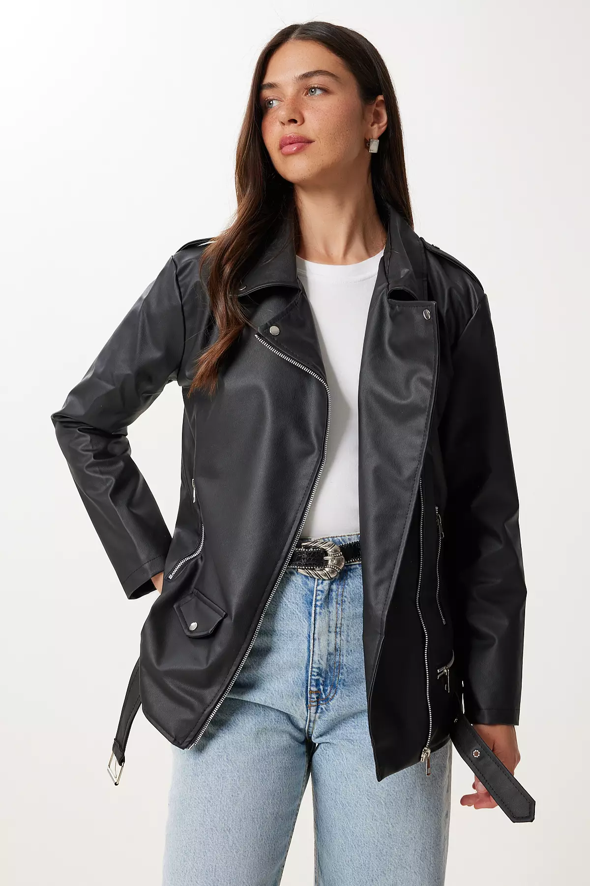 Women's Black Belted Faux Leather Jacket Gz00005