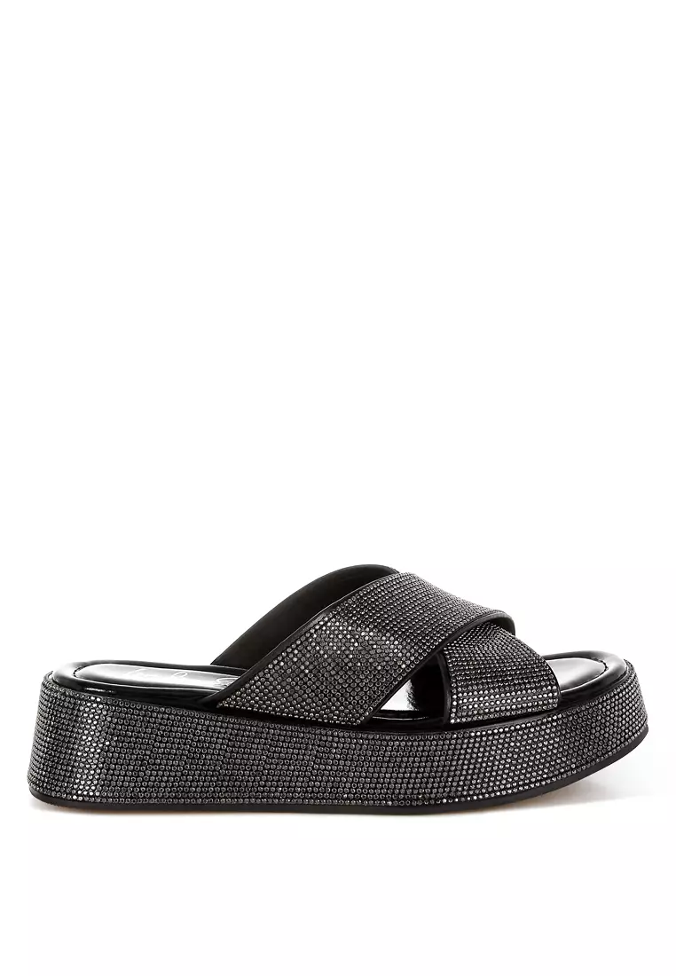 Rhinestone Embellished Flatforms In Black